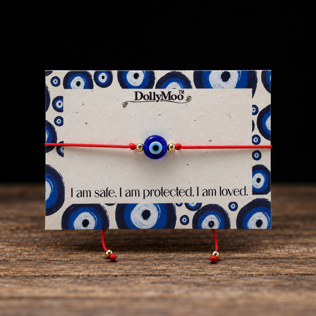 Red string evil eye protection bracelet with blue evil eye bead by DollyMoo